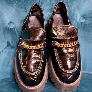 Princess Polly Black and Gold Loafers with Chunky Sole